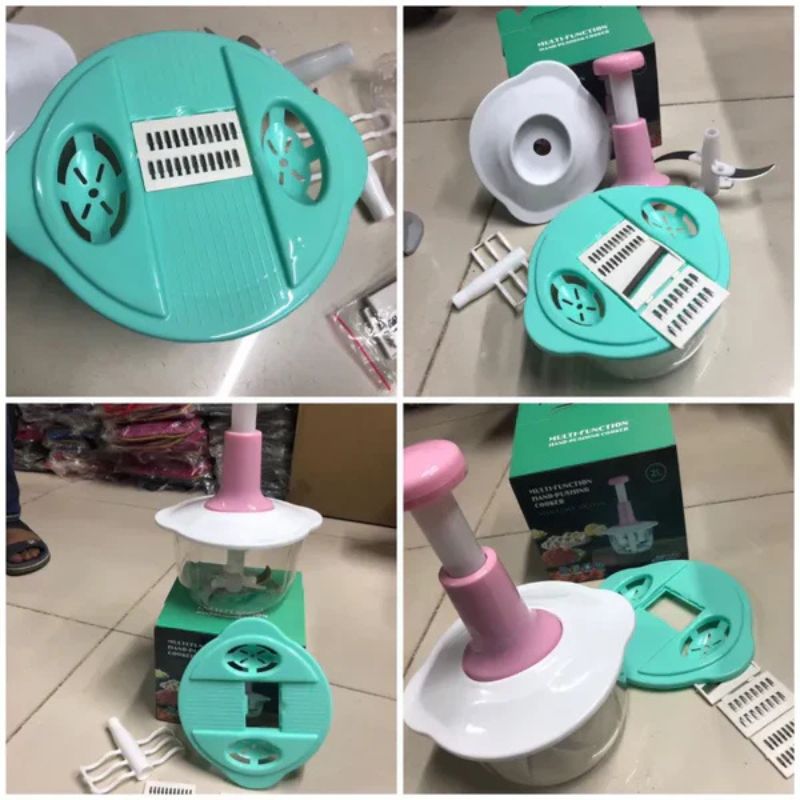 Multifunctional Manual Hand Push Food Chopper 2 Liter, + Grater & Slicer Set Gift ๐