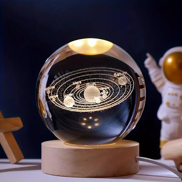 Crystal Ball - 3D Moon, System Planets Model Globe with Wooden Base - Unique Home Decor