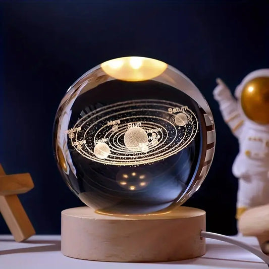 Crystal Ball - 3D Moon, System Planets Model Globe with Wooden Base - Unique Home Decor