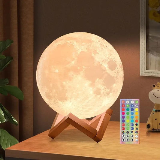 LED Moon Lamp, Wooden Stand, 128 Colors, Remote Touch Control - Perfect For Night Light 🌘