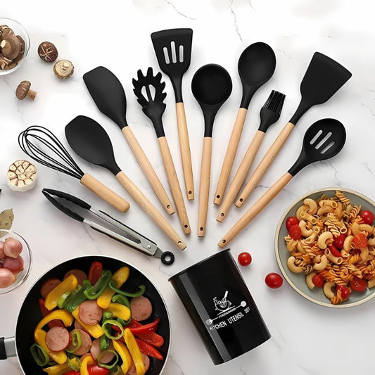 12 Pcs Silicone Cooking Utensils Kitchen Set - Heat Resistant - Wooden Grip